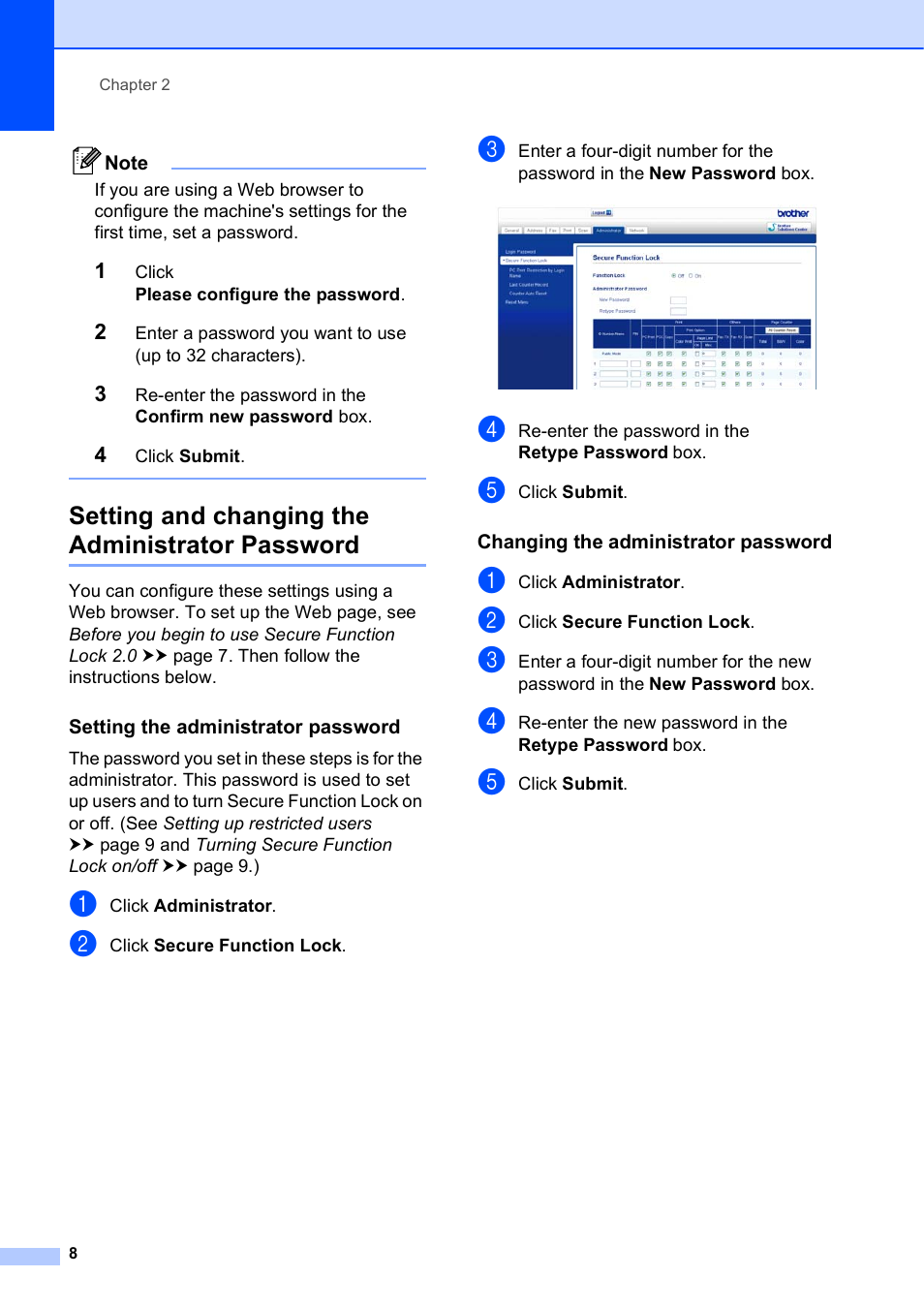 Setting and changing the administrator password, Setting the administrator password, Changing the administrator password | Brother MFC J5910DW User Manual | Page 14 / 87