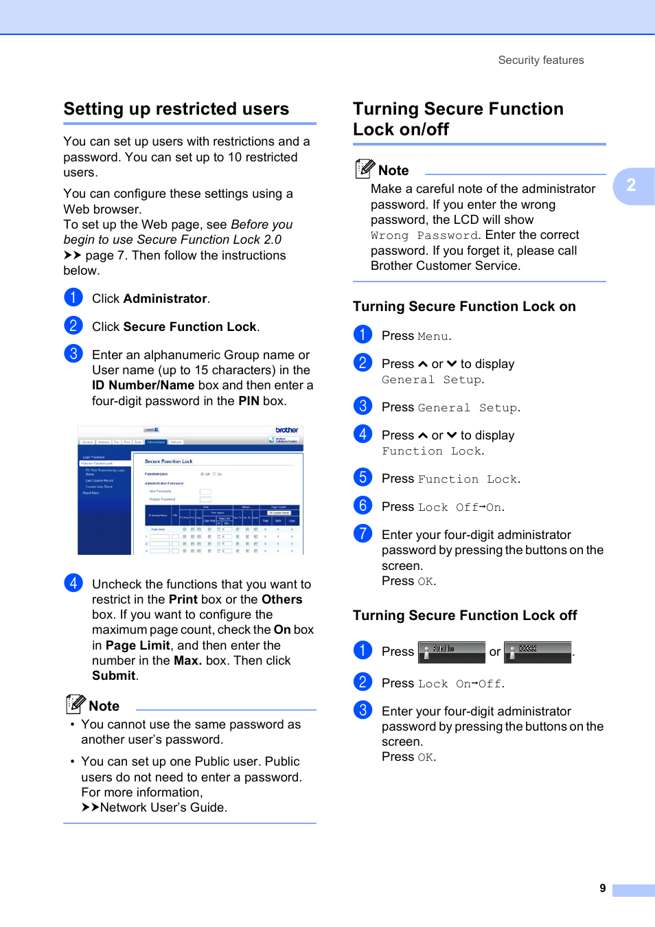 Setting up restricted users, Turning secure function lock on/off, Turning secure function lock on | Turning secure function lock off, Ee setting up restricted users uu, Turning secure function, 2setting up restricted users | Brother MFC J5910DW User Manual | Page 15 / 87