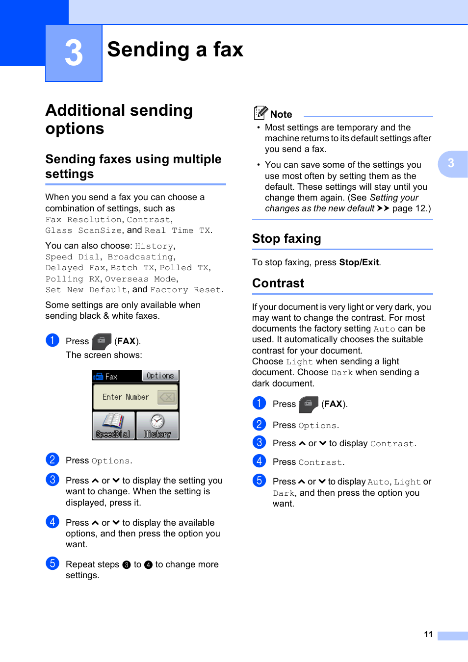 3 sending a fax, Additional sending options, Sending faxes using multiple settings | Stop faxing, Contrast, Sending a fax | Brother MFC J5910DW User Manual | Page 17 / 87