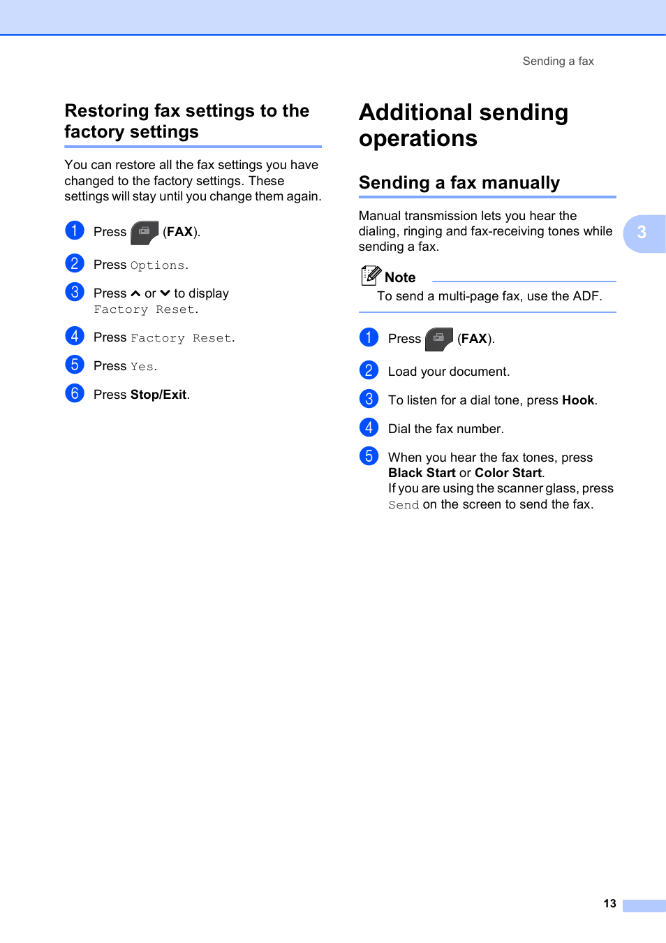 Restoring fax settings to the factory settings, Additional sending operations, Sending a fax manually | 3restoring fax settings to the factory settings | Brother MFC J5910DW User Manual | Page 19 / 87