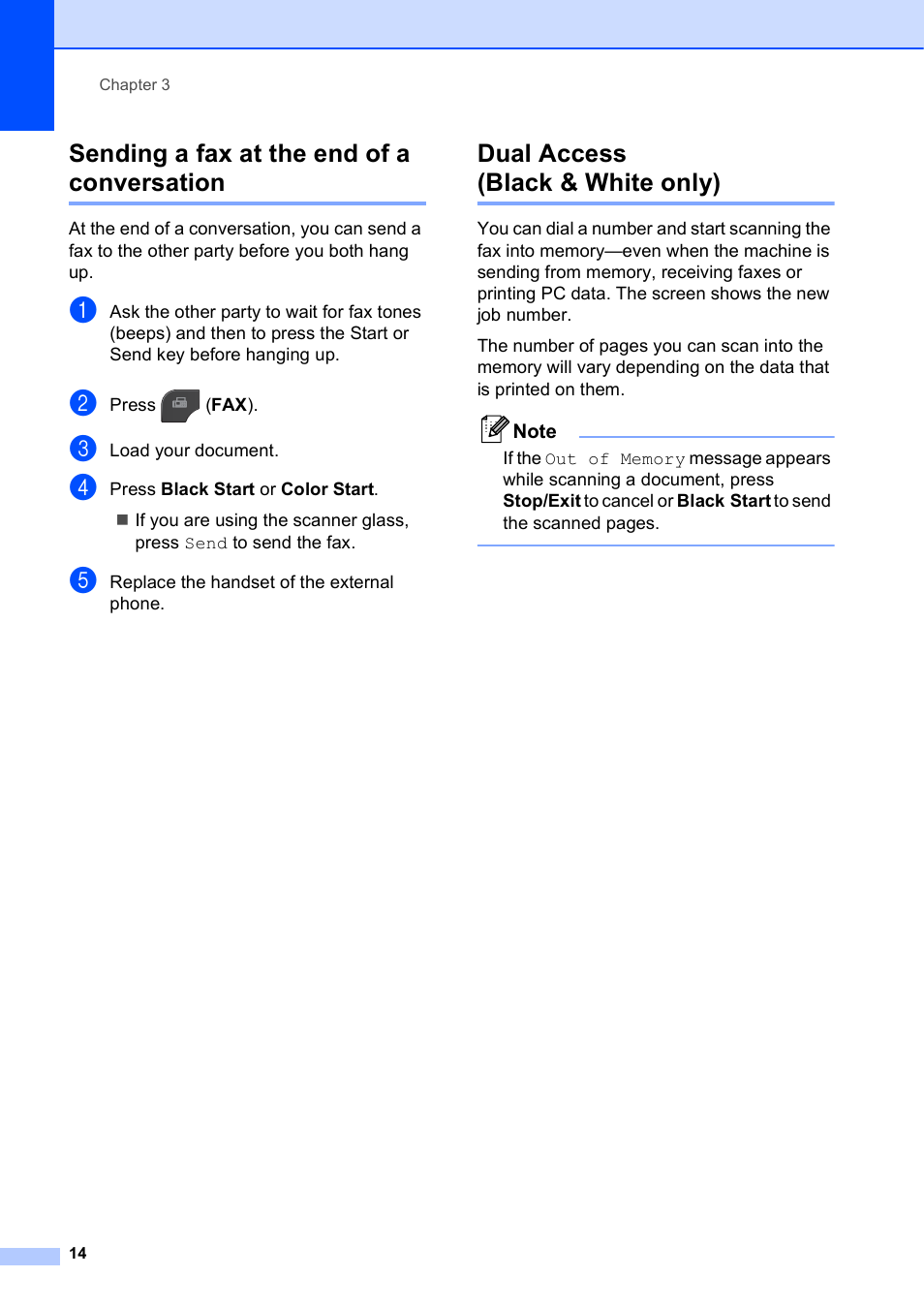 Sending a fax at the end of a conversation, Dual access (black & white only) | Brother MFC J5910DW User Manual | Page 20 / 87