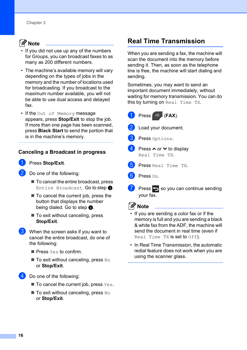 Canceling a broadcast in progress, Real time transmission | Brother MFC J5910DW User Manual | Page 22 / 87