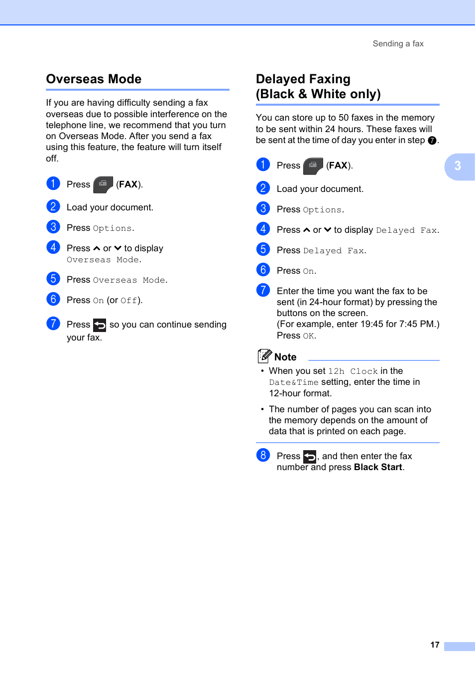 Overseas mode, Delayed faxing (black & white only), Overseas mode delayed faxing (black & white only) | 3overseas mode | Brother MFC J5910DW User Manual | Page 23 / 87