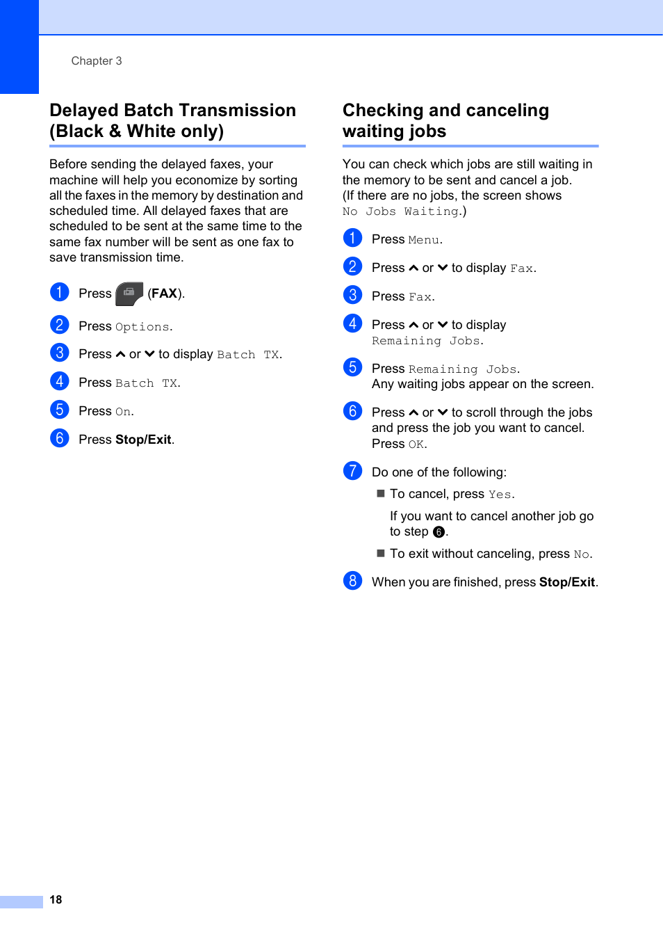 Delayed batch transmission (black & white only), Checking and canceling waiting jobs | Brother MFC J5910DW User Manual | Page 24 / 87