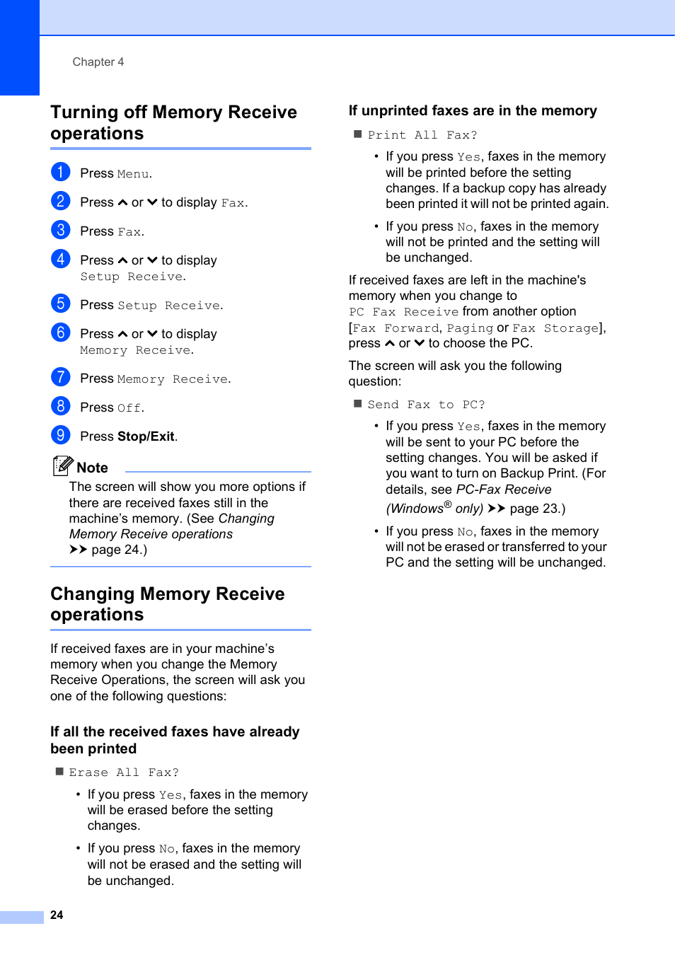 Turning off memory receive operations, Changing memory receive operations, If unprinted faxes are in the memory | Brother MFC J5910DW User Manual | Page 30 / 87