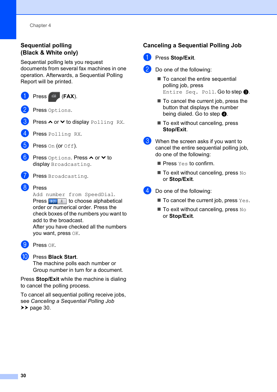 Sequential polling (black & white only), Canceling a sequential polling job | Brother MFC J5910DW User Manual | Page 36 / 87