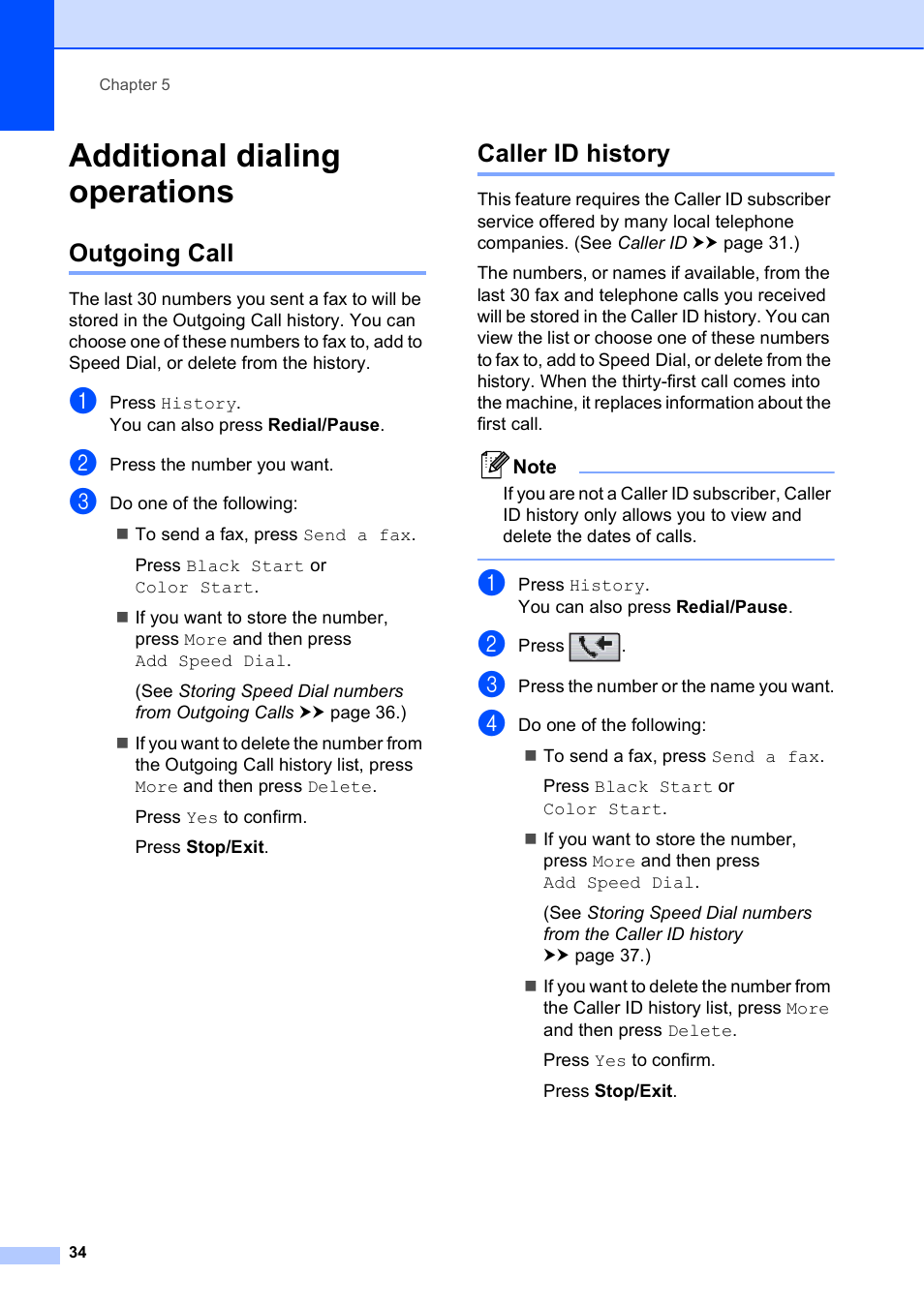 Additional dialing operations, Outgoing call, Caller id history | Outgoing call caller id history | Brother MFC J5910DW User Manual | Page 40 / 87