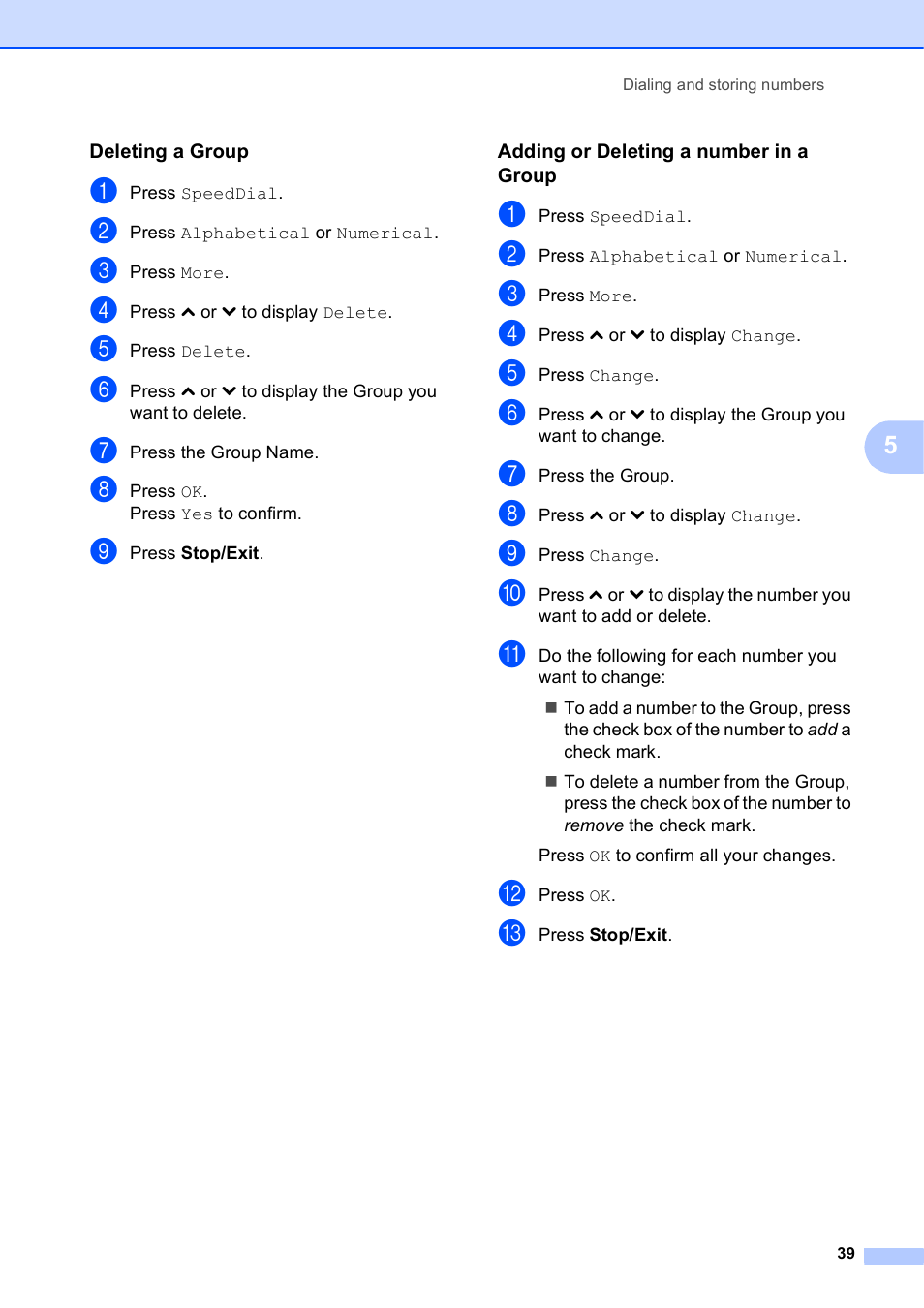 Deleting a group, Adding or deleting a number in a group | Brother MFC J5910DW User Manual | Page 45 / 87