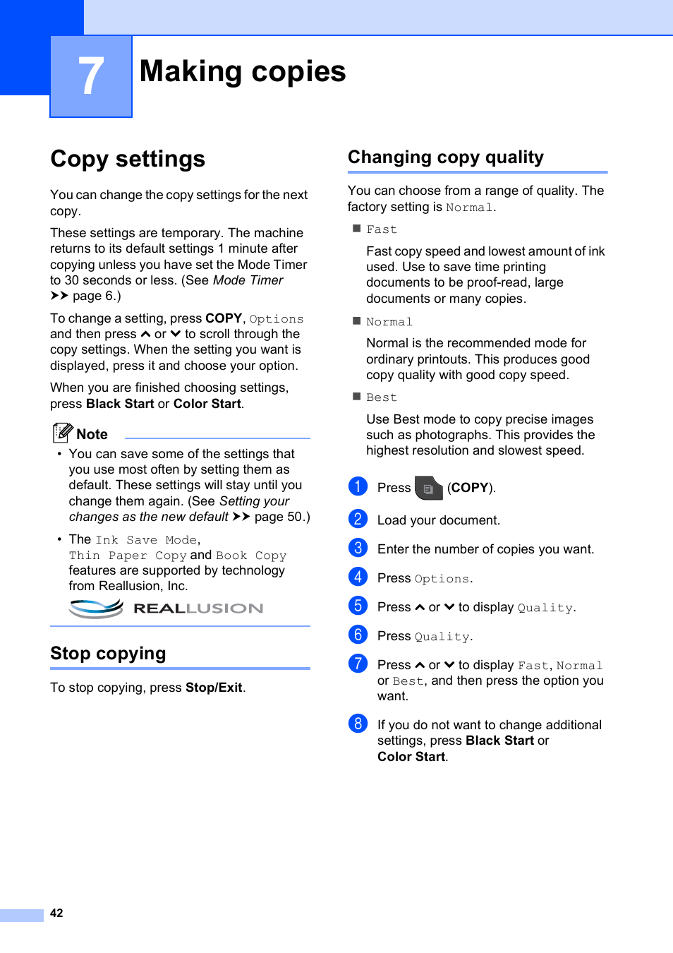 7 making copies, Copy settings, Stop copying | Changing copy quality, Making copies, Stop copying changing copy quality | Brother MFC J5910DW User Manual | Page 48 / 87