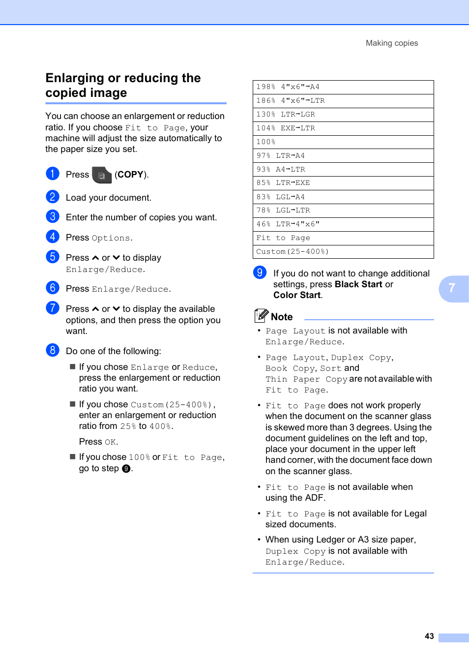 Enlarging or reducing the copied image, 7enlarging or reducing the copied image | Brother MFC J5910DW User Manual | Page 49 / 87