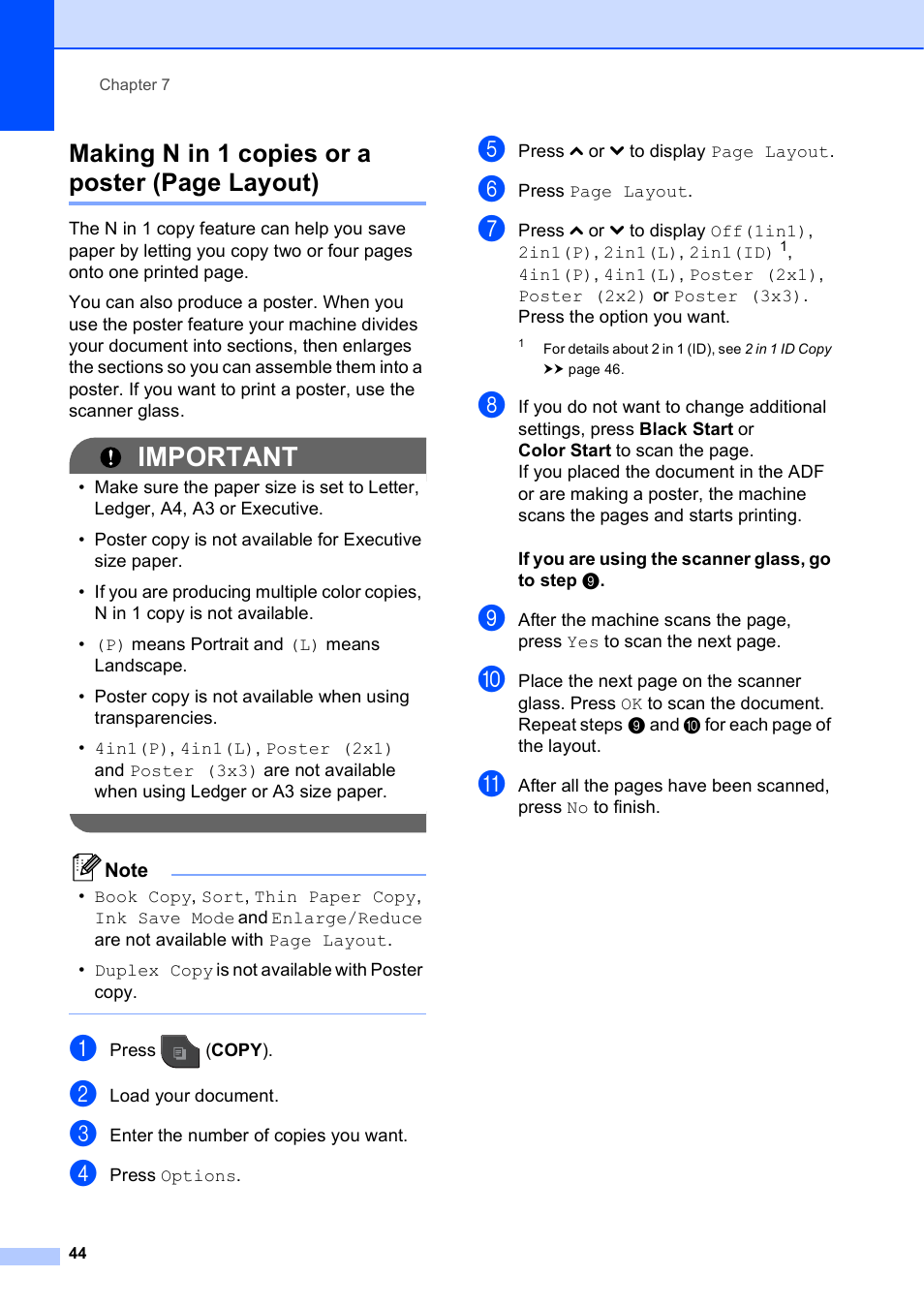 Important, Making n in 1 copies or a poster (page layout) | Brother MFC J5910DW User Manual | Page 50 / 87