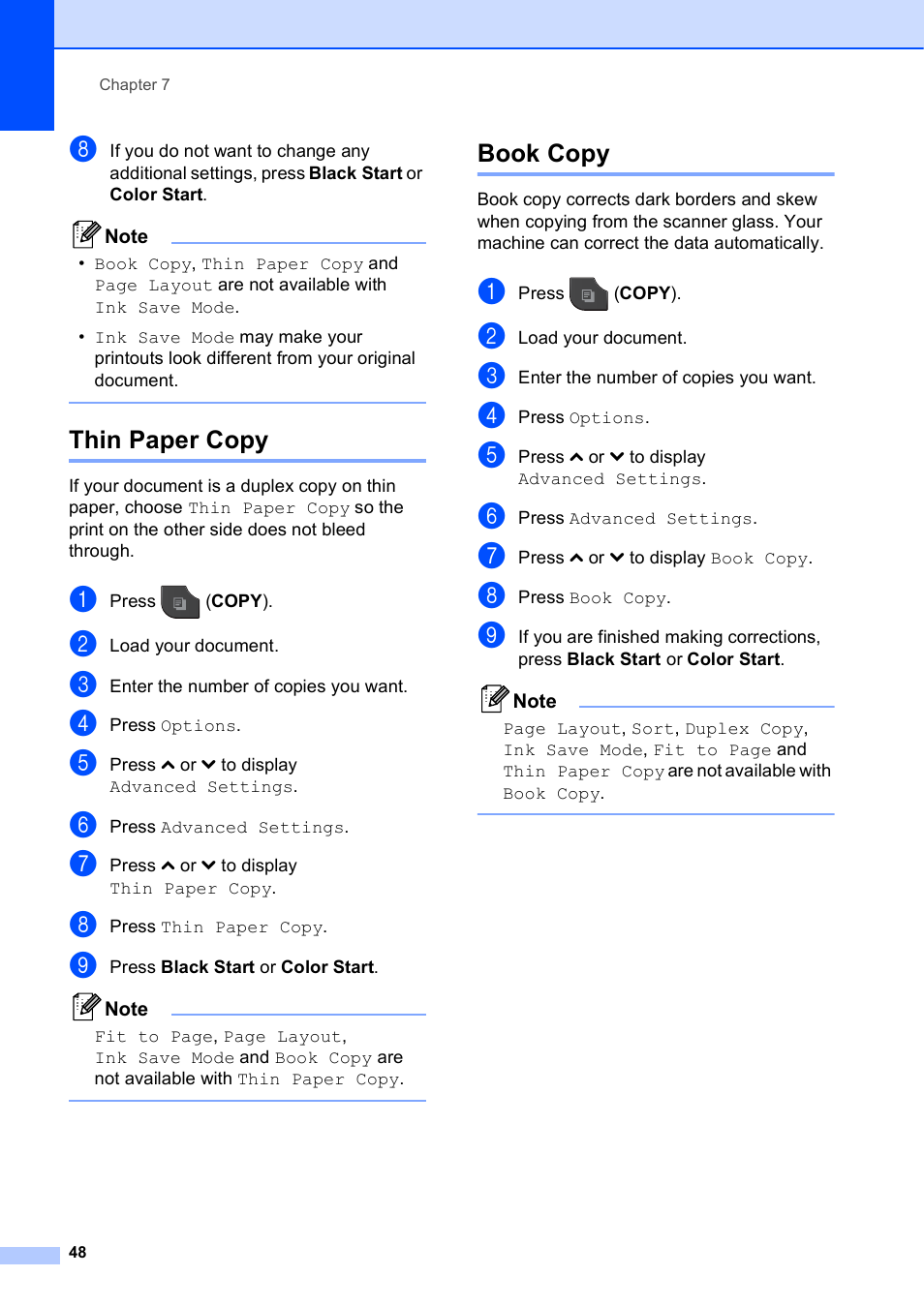 Thin paper copy, Book copy, Thin paper copy book copy | Brother MFC J5910DW User Manual | Page 54 / 87