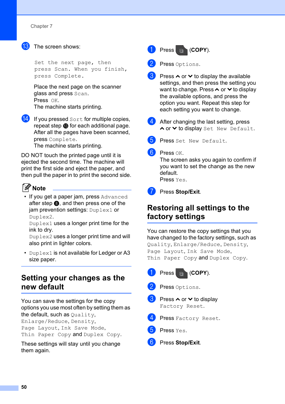Setting your changes as the new default, Restoring all settings to the factory settings | Brother MFC J5910DW User Manual | Page 56 / 87