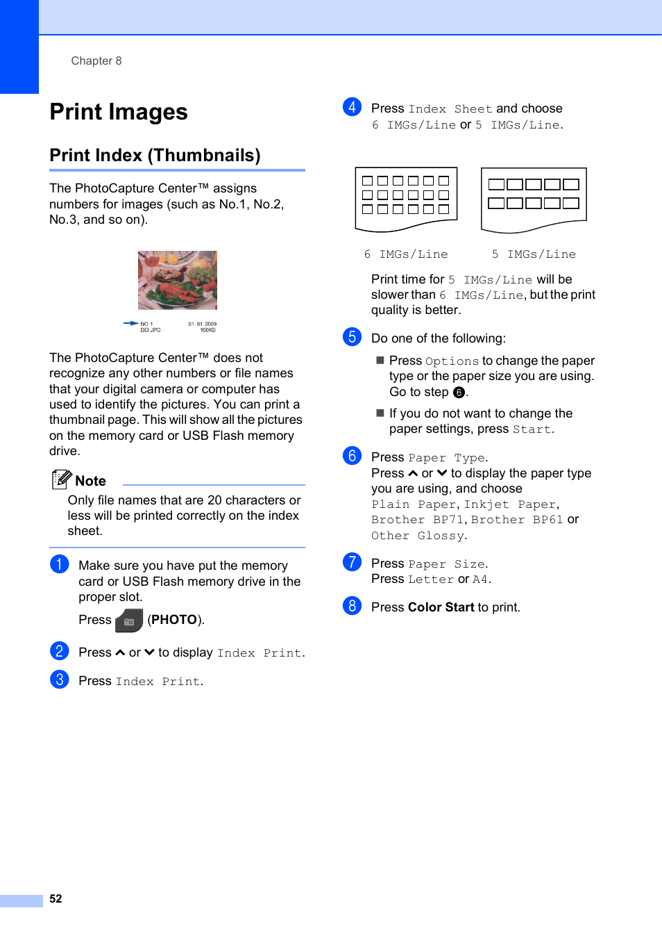 Print images, Print index (thumbnails) | Brother MFC J5910DW User Manual | Page 58 / 87