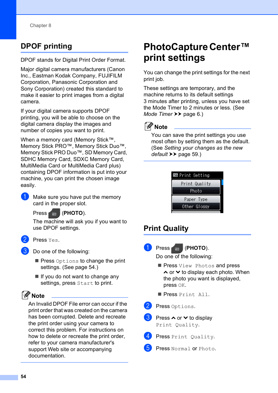 Dpof printing, Photocapture center™ print settings, Print quality | Brother MFC J5910DW User Manual | Page 60 / 87