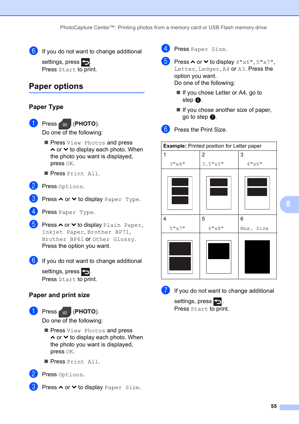 Paper options, Paper type, Paper and print size | Brother MFC J5910DW User Manual | Page 61 / 87