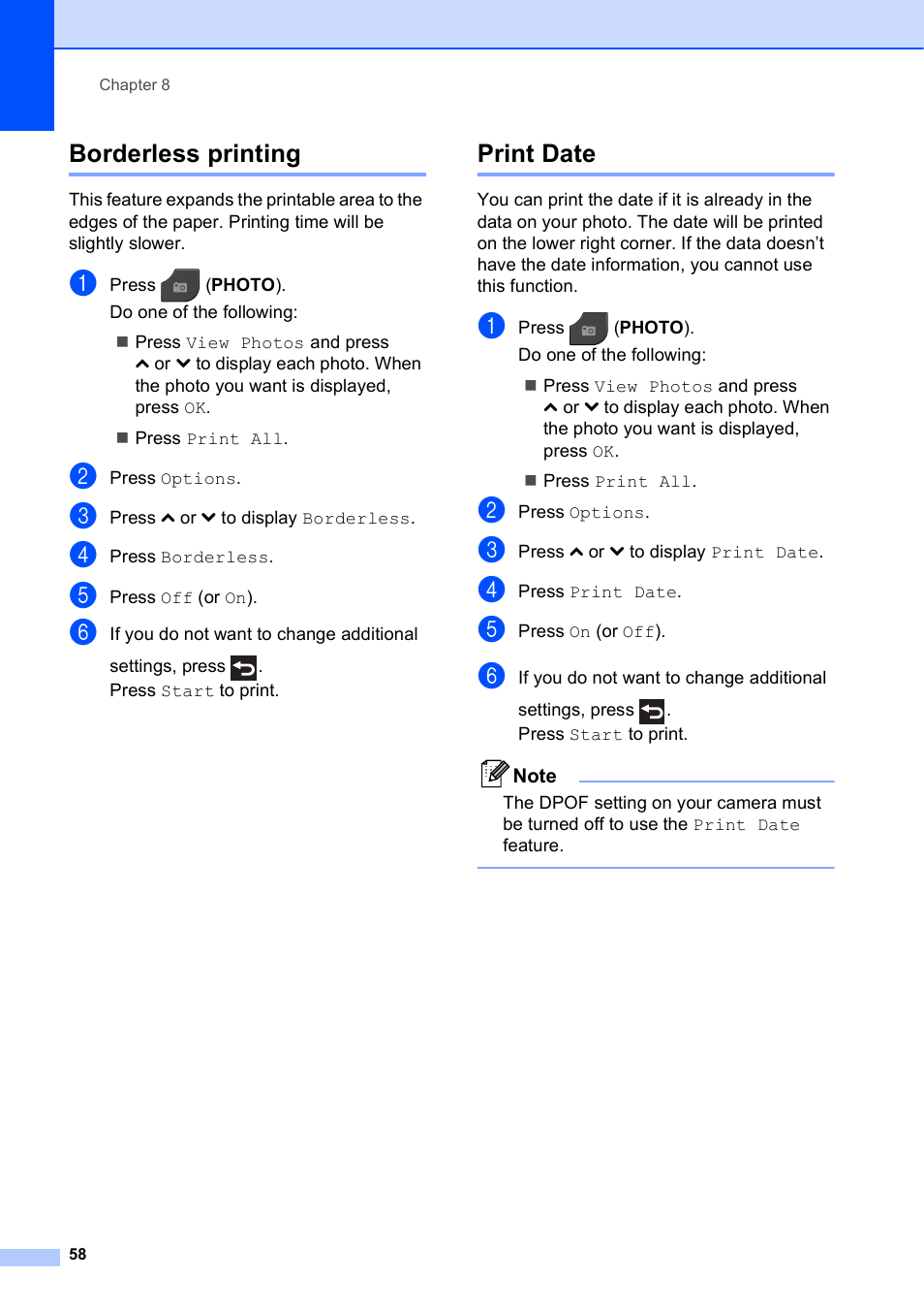 Borderless printing, Print date, Borderless printing print date | Brother MFC J5910DW User Manual | Page 64 / 87