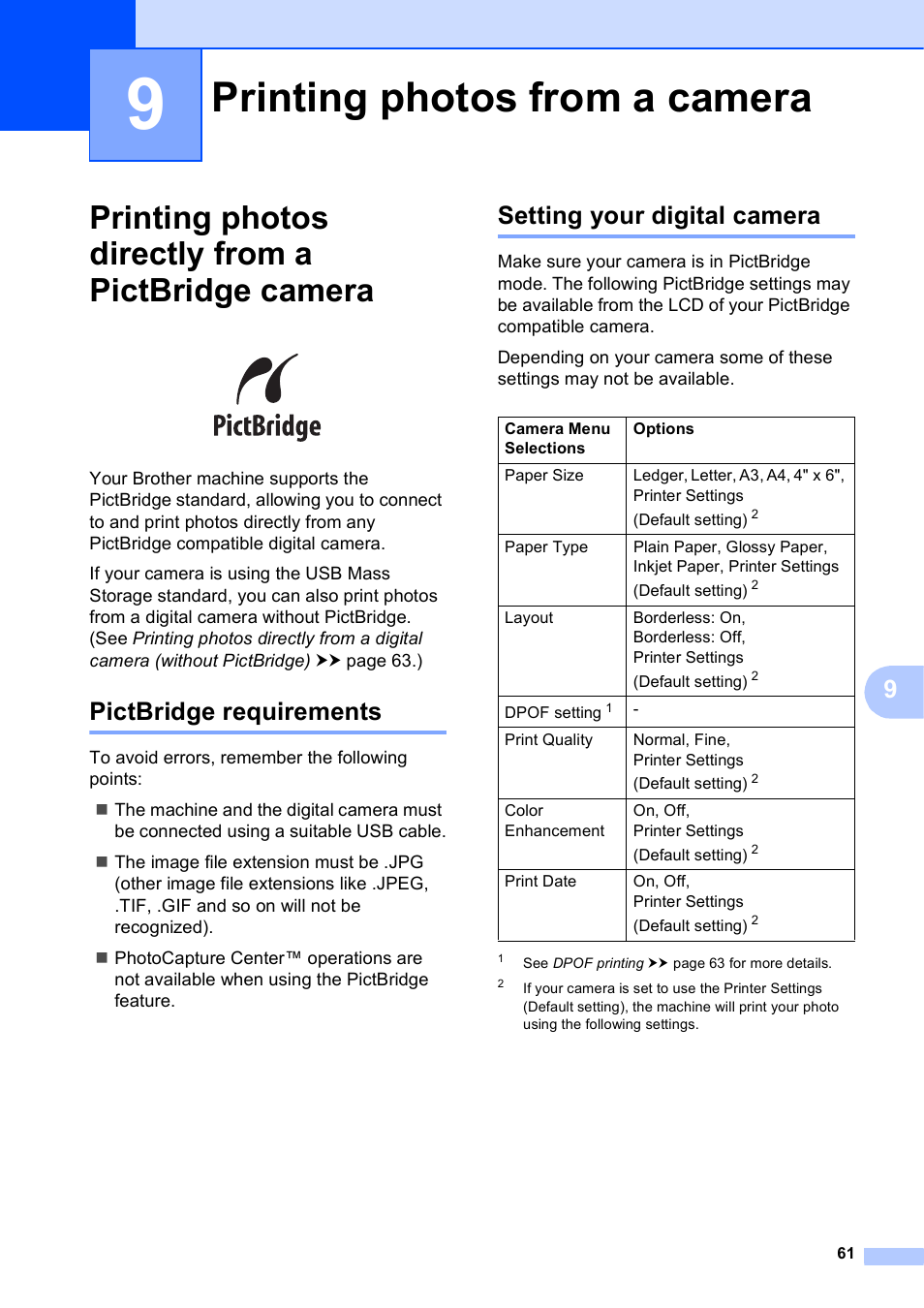 9 printing photos from a camera, Printing photos directly from a pictbridge camera, Pictbridge requirements | Setting your digital camera, Printing photos from a camera | Brother MFC J5910DW User Manual | Page 67 / 87