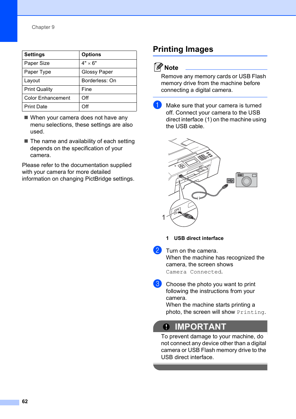 Printing images, Important | Brother MFC J5910DW User Manual | Page 68 / 87