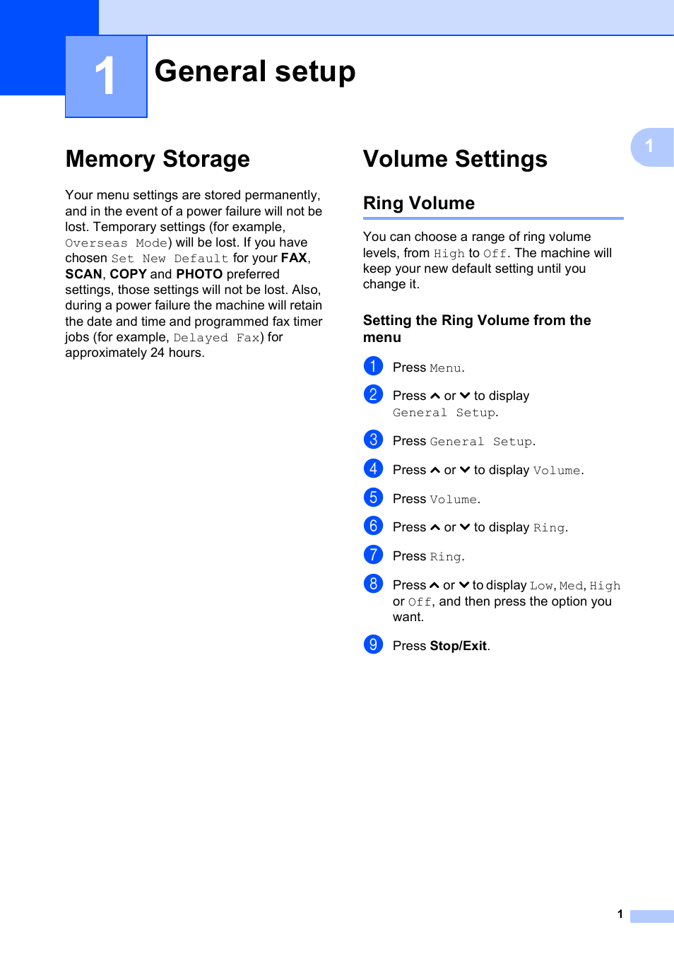 1 general setup, Memory storage, Volume settings | Ring volume, Setting the ring volume from the menu, General setup, Memory storage volume settings | Brother MFC J5910DW User Manual | Page 7 / 87