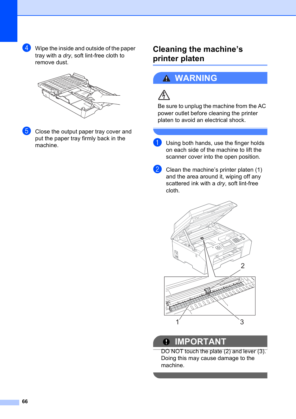 Cleaning the machine’s printer platen, Warning, Important | Brother MFC J5910DW User Manual | Page 72 / 87