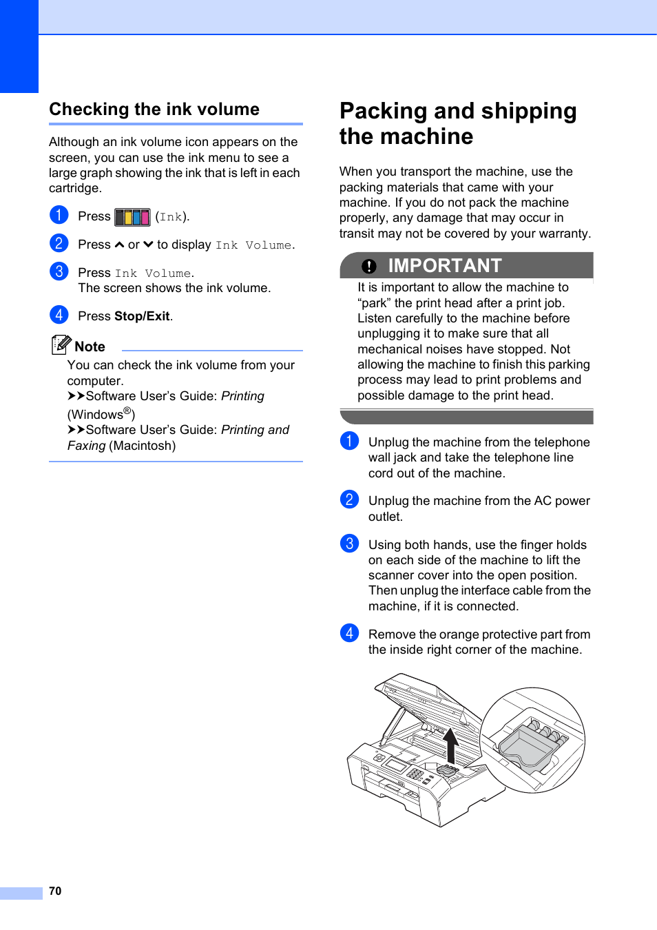 Checking the ink volume, Packing and shipping the machine, Important | Brother MFC J5910DW User Manual | Page 76 / 87