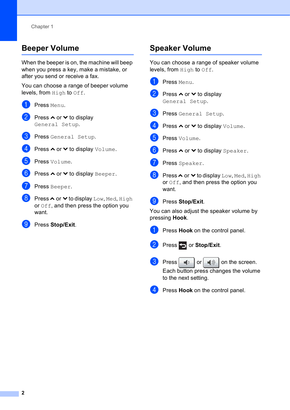 Beeper volume, Speaker volume, Beeper volume speaker volume | Brother MFC J5910DW User Manual | Page 8 / 87