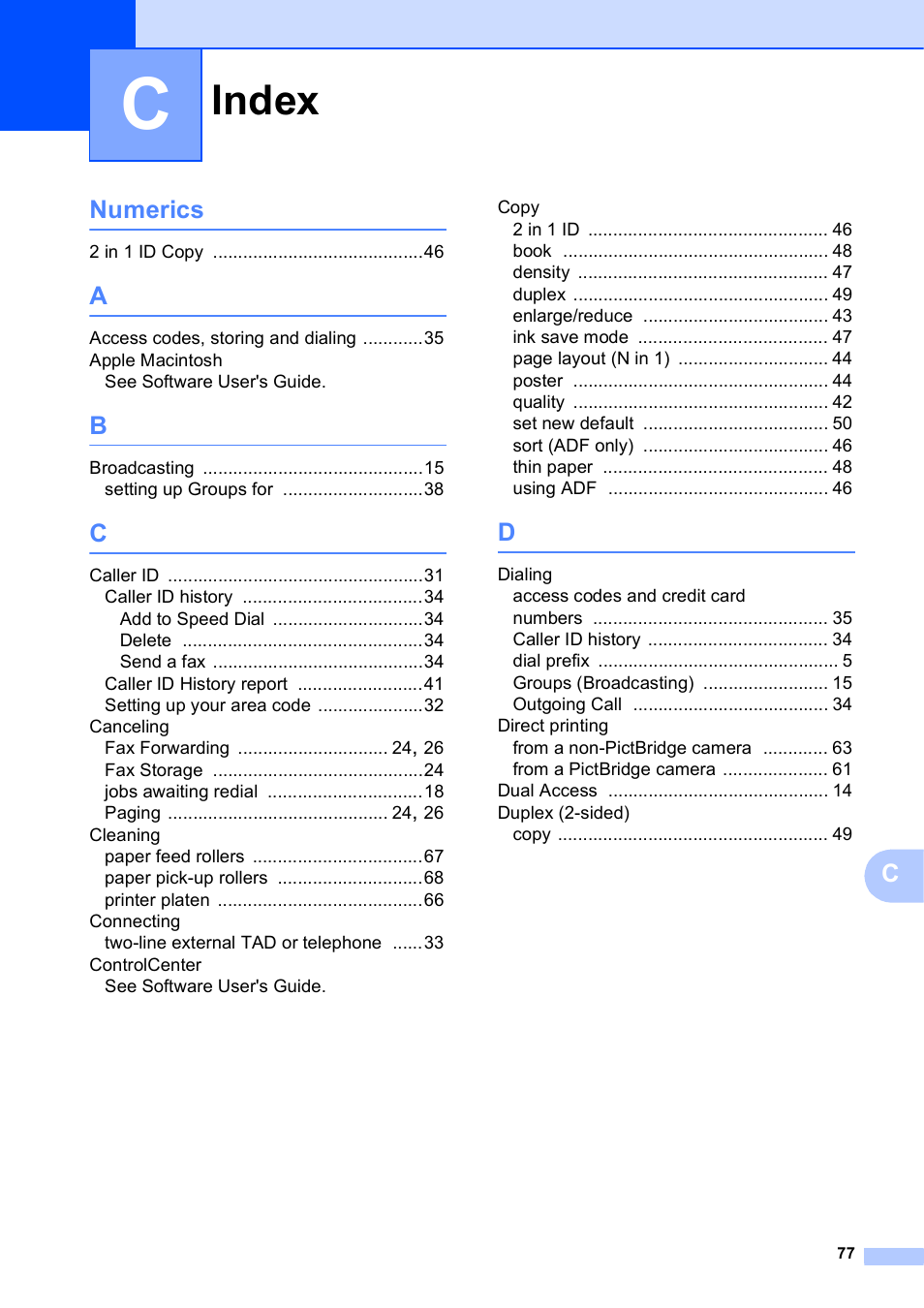 Index, Cnumerics | Brother MFC J5910DW User Manual | Page 83 / 87