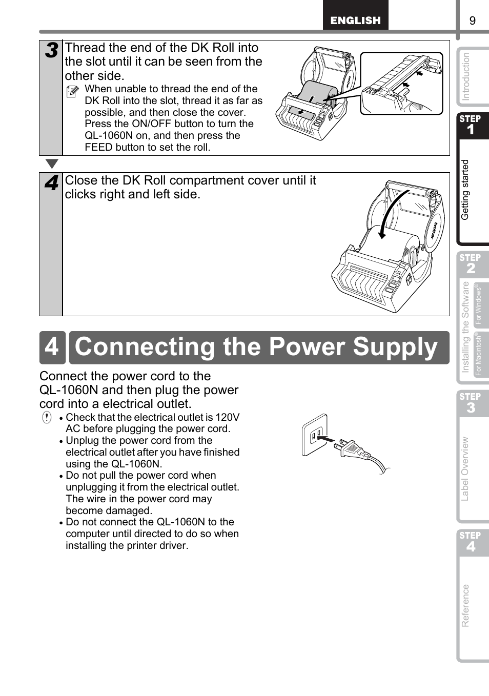 Connecting the power supply, 4 connecting the power supply | Brother QL-1060N User Manual | Page 15 / 69