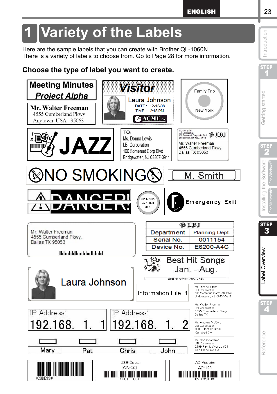 Label overview, Variety of the labels, Label over | View, Step, 1 variety of the labels, Choose the type of label you want to create | Brother QL-1060N User Manual | Page 29 / 69