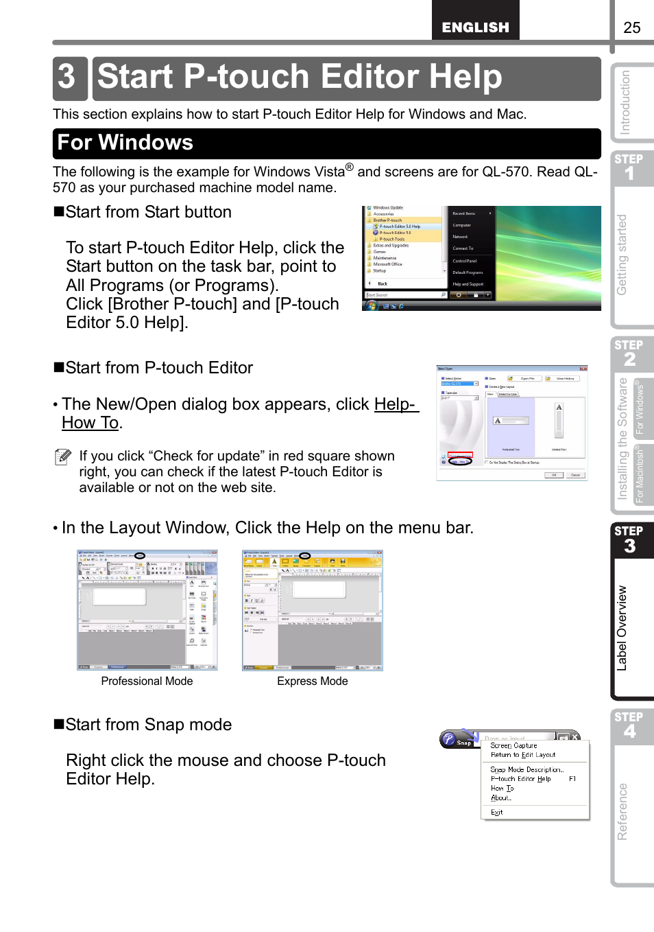 Start p-touch editor help, For windows, 3 start p-touch editor help | Brother QL-1060N User Manual | Page 31 / 69
