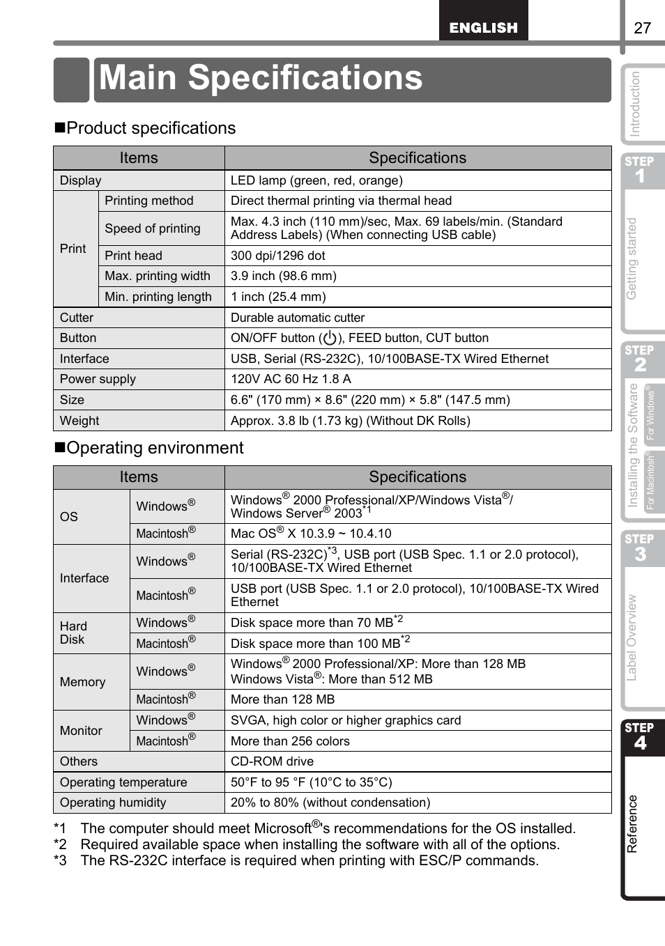 Reference, Main specifications, Refer | Ence, Erence, Step, Ference, Product specifications  operating environment, Items specifications | Brother QL-1060N User Manual | Page 33 / 69