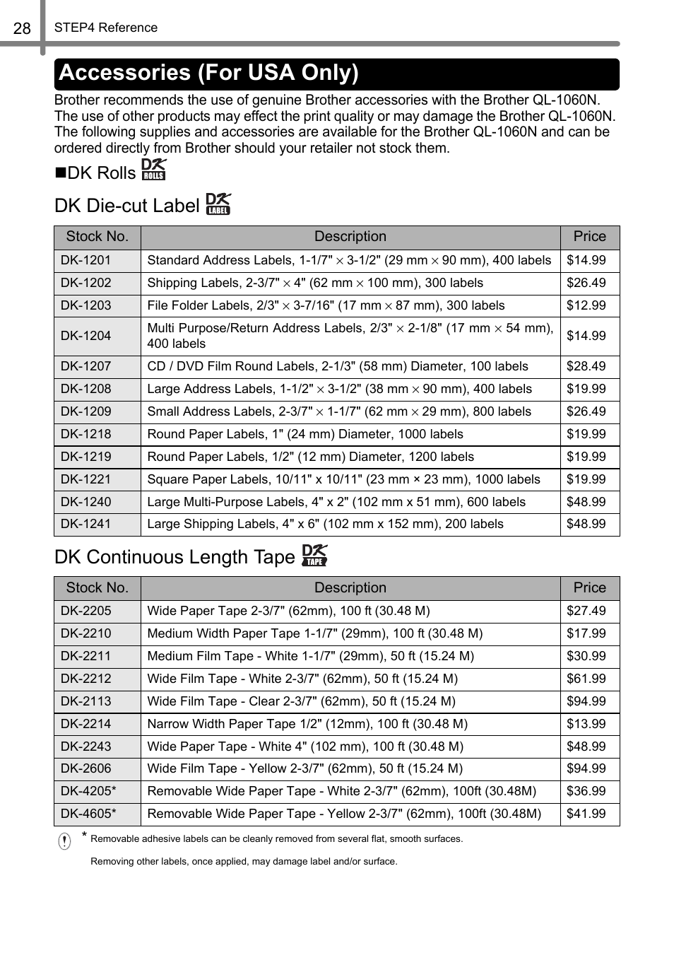 Accessories (for usa only), Dk die-cut label dk continuous length tape, Dk rolls | Brother QL-1060N User Manual | Page 34 / 69