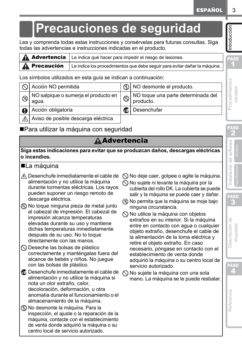 Precauciones de seguridad, Advertencia, Para utilizar la máquina con seguridad | La máquina | Brother QL-1060N User Manual | Page 43 / 69