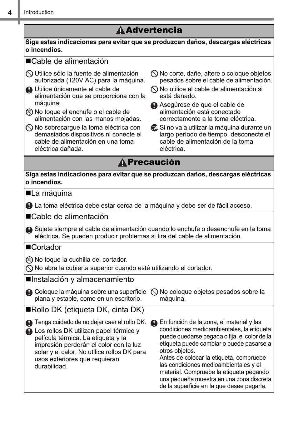 Precaución, Advertencia | Brother QL-1060N User Manual | Page 44 / 69