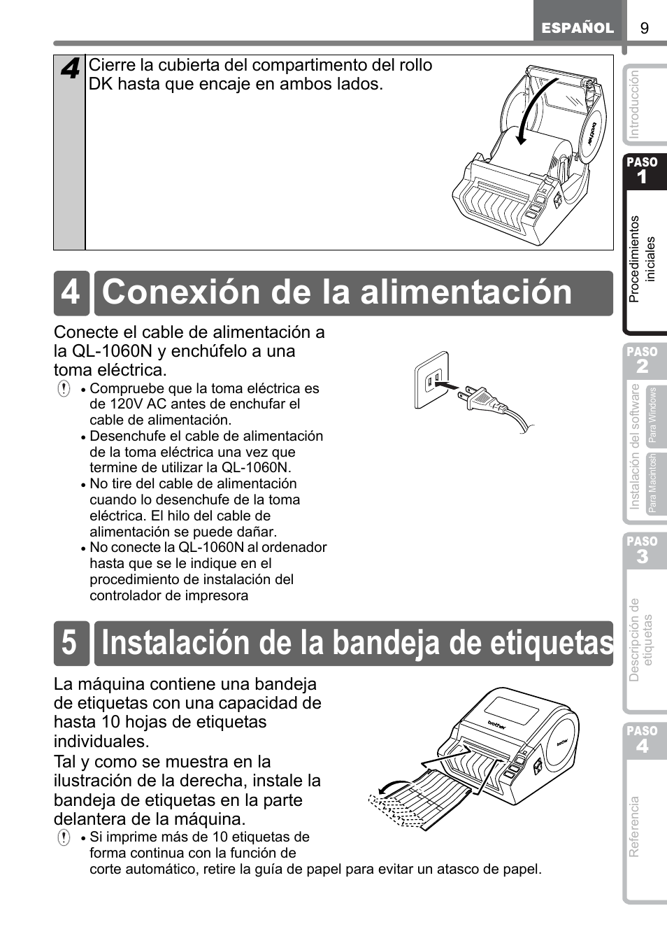 Conexión de la alimentación, Instalación de la bandeja de etiquetas | Brother QL-1060N User Manual | Page 49 / 69