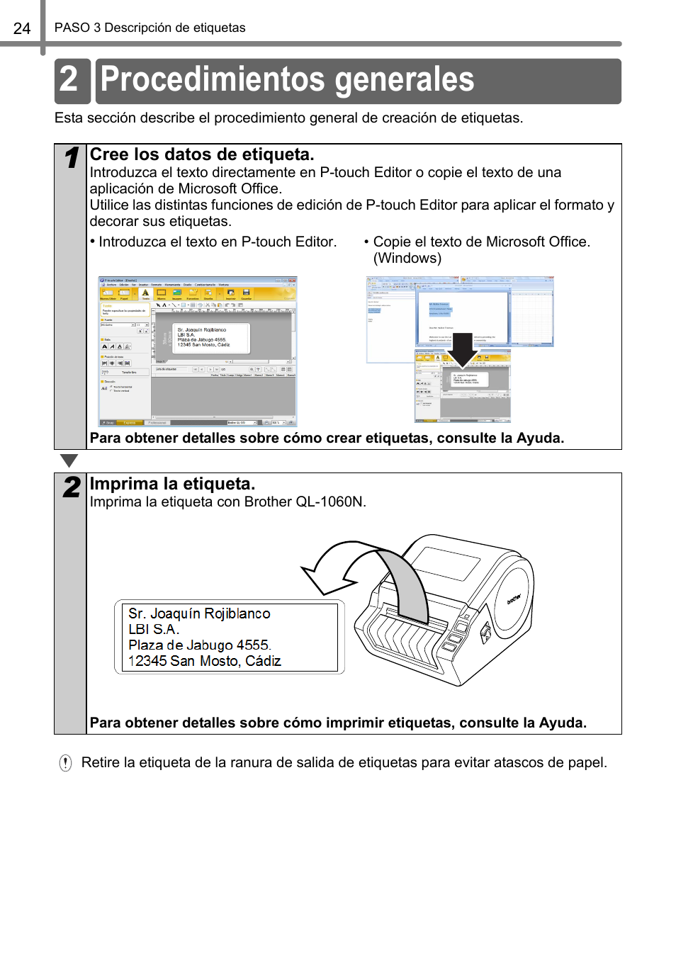Procedimientos generales, 2 procedimientos generales | Brother QL-1060N User Manual | Page 64 / 69