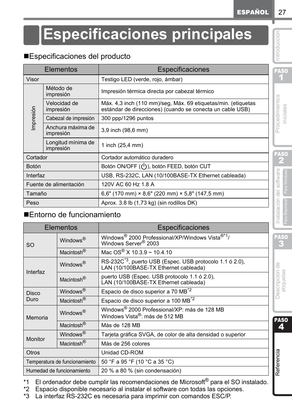 Referencia, Especificaciones principales, Erencia | Eferencia, Paso, Refe, Rencia, Elementos especificaciones | Brother QL-1060N User Manual | Page 67 / 69