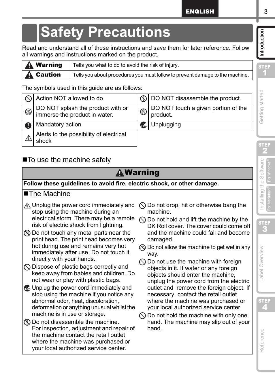 Safety precautions, Warning, The machine | Brother QL-1060N User Manual | Page 9 / 69