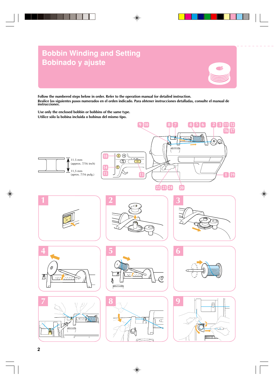 Bobbin winding and setting bobinado y ajuste | Brother SB7500 User Manual | Page 4 / 24