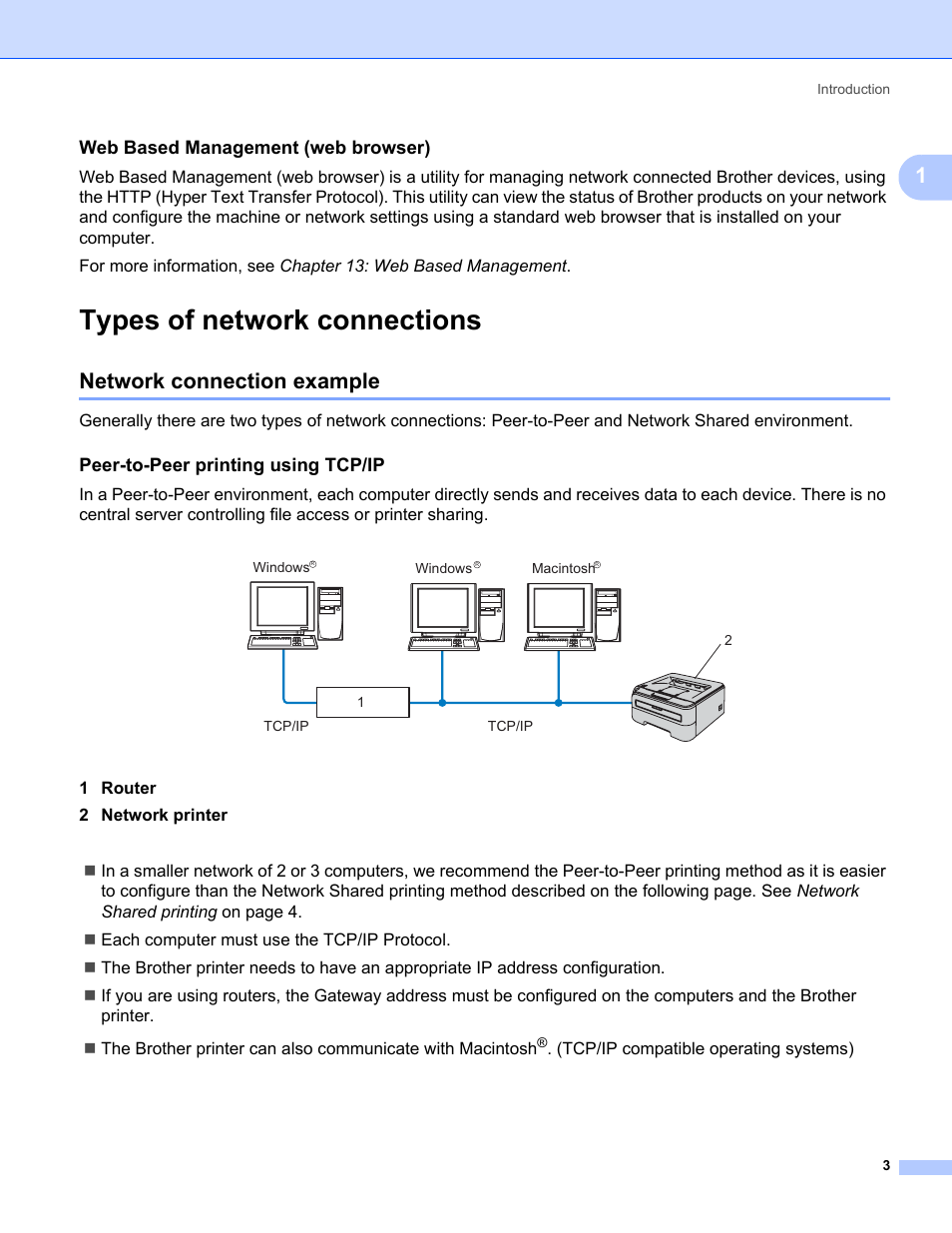 Web based management (web browser), Types of network connections, Network connection example | Peer-to-peer printing using tcp/ip | Brother HL-2170W User Manual | Page 10 / 137