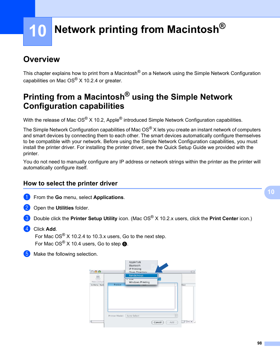 10 network printing from macintosh, Overview, How to select the printer driver | Network printing from macintosh, Overview printing from a macintosh, Printing from a macintosh | Brother HL-2170W User Manual | Page 105 / 137