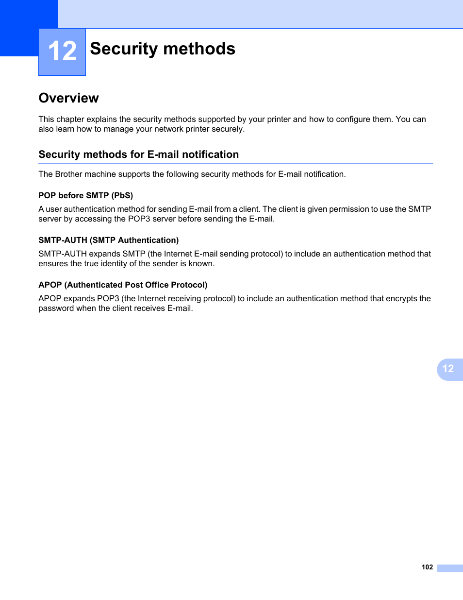 12 security methods, Overview, Security methods for e-mail notification | Security methods | Brother HL-2170W User Manual | Page 109 / 137