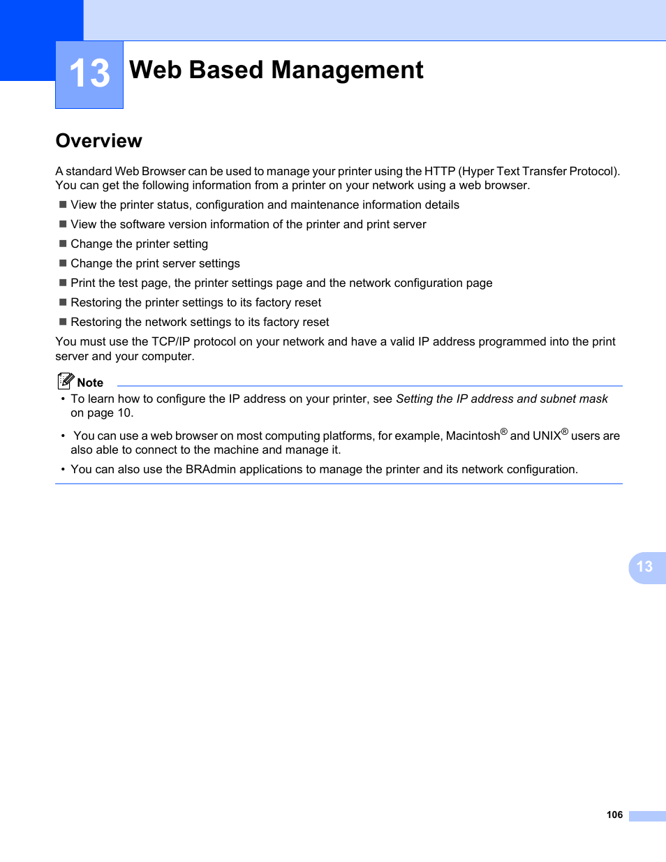 13 web based management, Overview, Web based management | Brother HL-2170W User Manual | Page 113 / 137