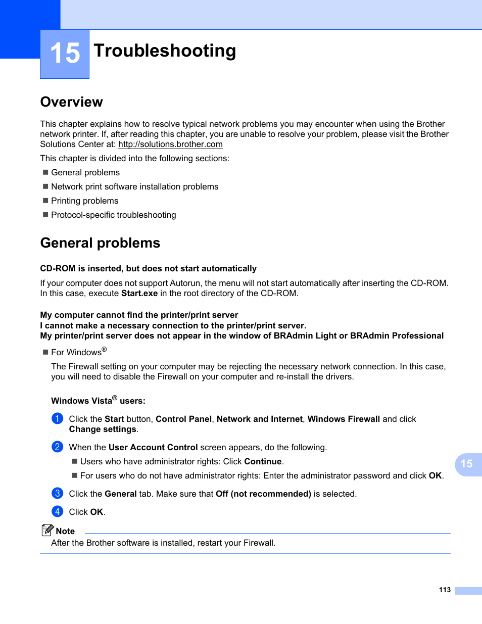 15 troubleshooting, Overview, General problems | Troubleshooting, Overview general problems | Brother HL-2170W User Manual | Page 120 / 137