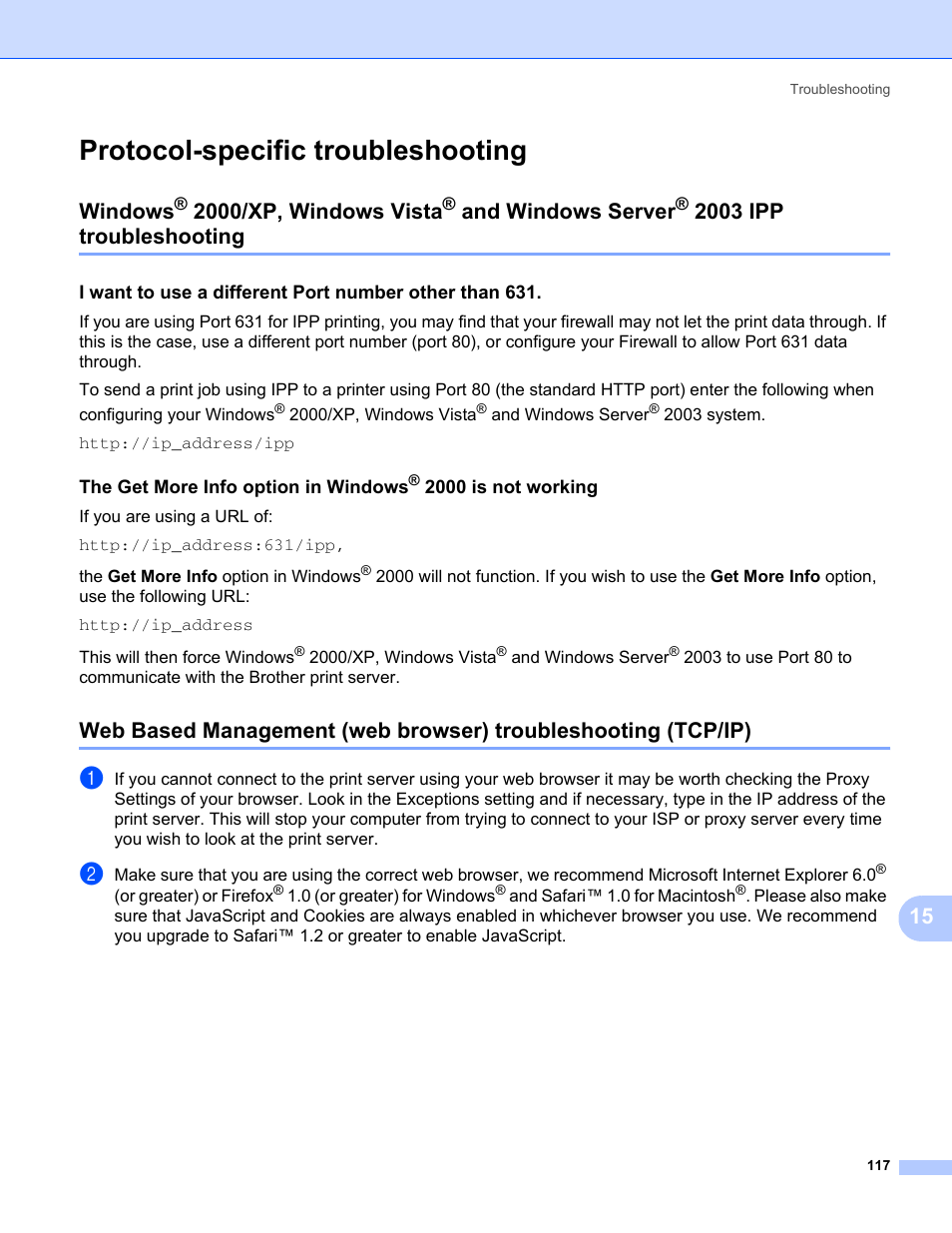Protocol-specific troubleshooting, Windows, 2000/xp, windows vista | And windows server, 2003 ipp troubleshooting | Brother HL-2170W User Manual | Page 124 / 137