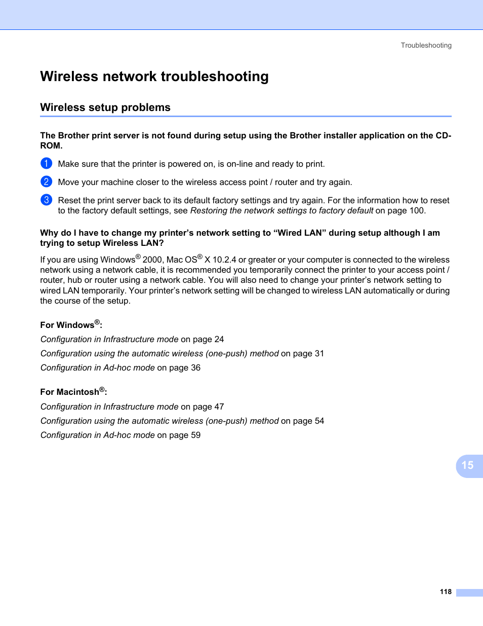 Wireless network troubleshooting, Wireless setup problems | Brother HL-2170W User Manual | Page 125 / 137