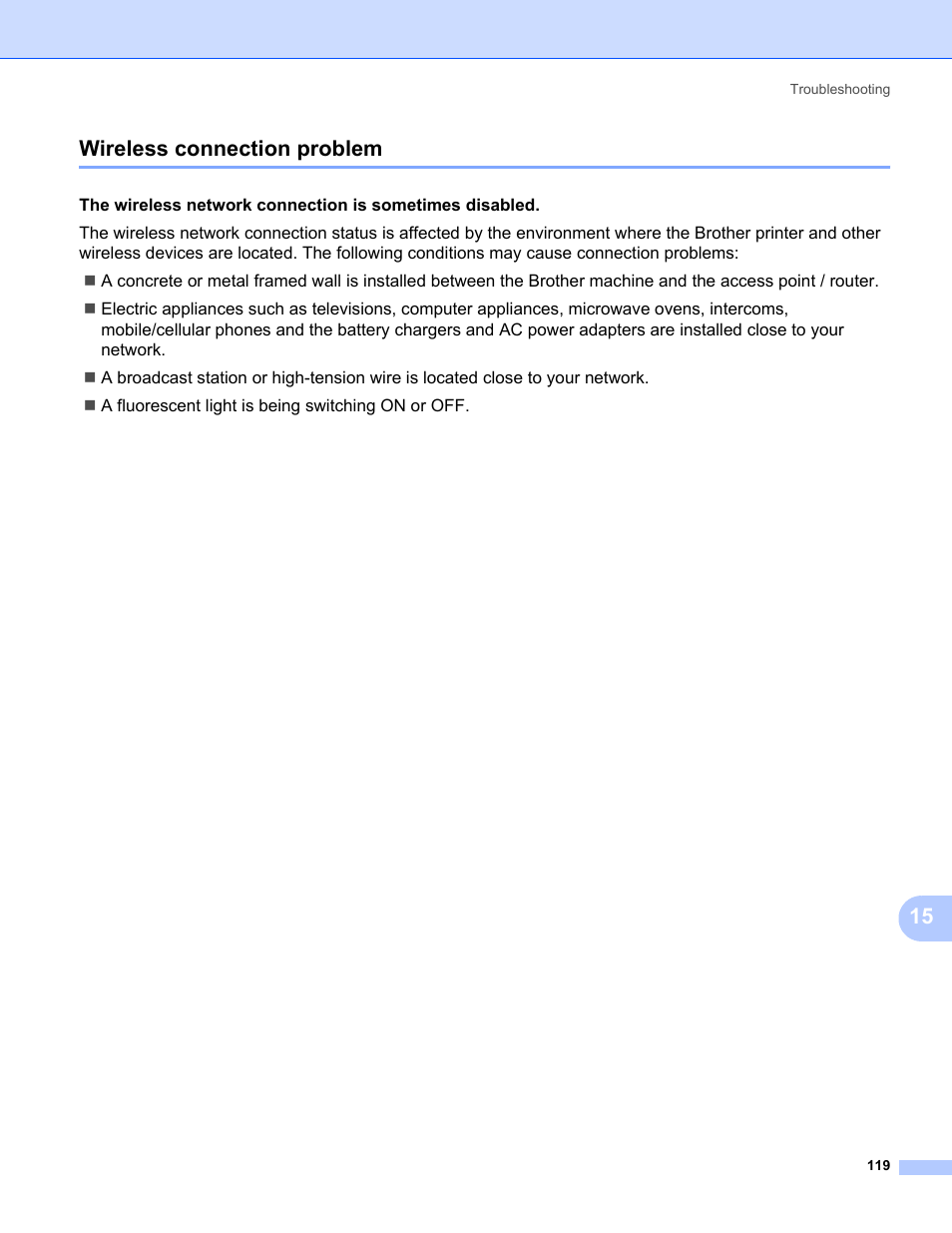 Wireless connection problem, 15 wireless connection problem | Brother HL-2170W User Manual | Page 126 / 137