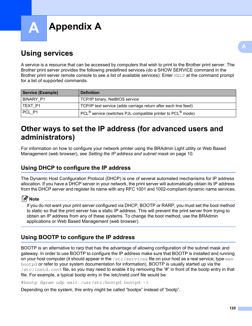Appendix a, Using services, Using dhcp to configure the ip address | Using bootp to configure the ip address | Brother HL-2170W User Manual | Page 127 / 137
