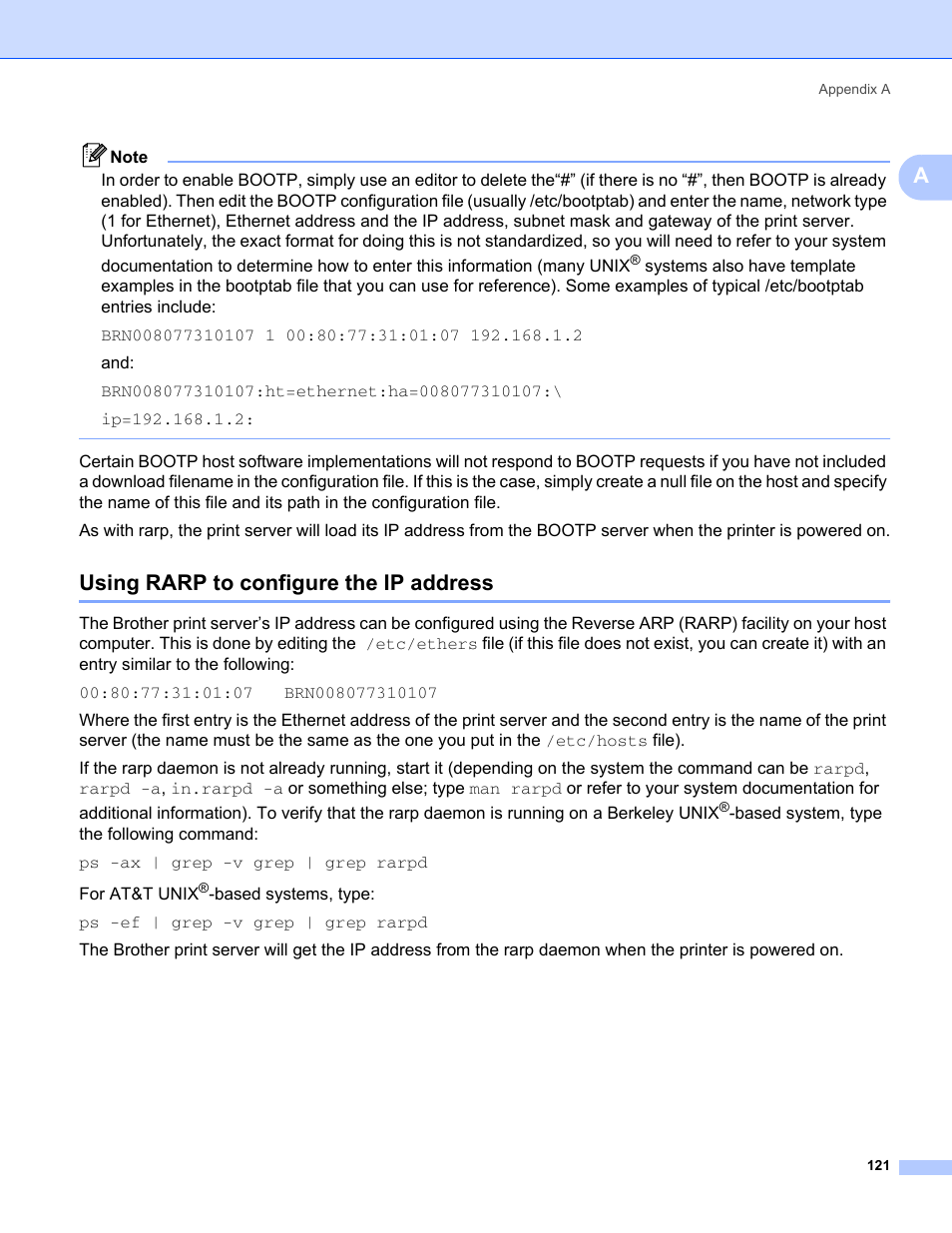 Using rarp to configure the ip address | Brother HL-2170W User Manual | Page 128 / 137